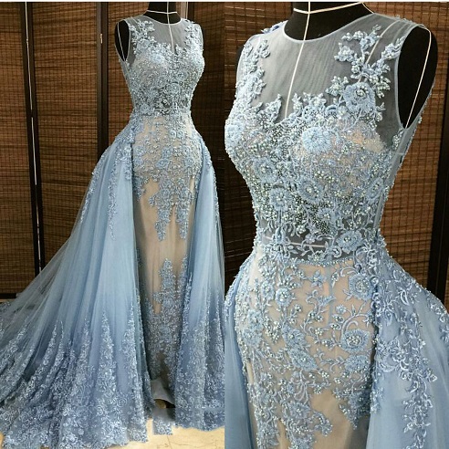 dress detachable dresses blue evening mermaid prom train gown tulle lace wedding long appliques gowns overskirt neck beaded light ball